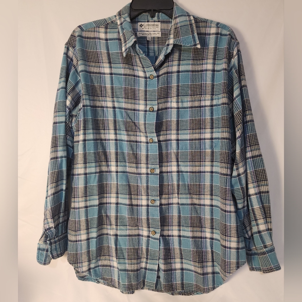 COLUMBIA Womens Blue White Gray Plaid Cotton Button Down Shirt XL